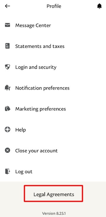 PayPal app Profile menu with Legal Agreements link highlighted