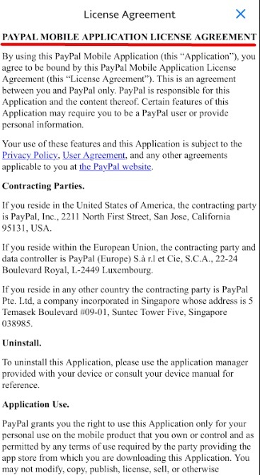 PayPal Mobile App License Agreement screenshot
