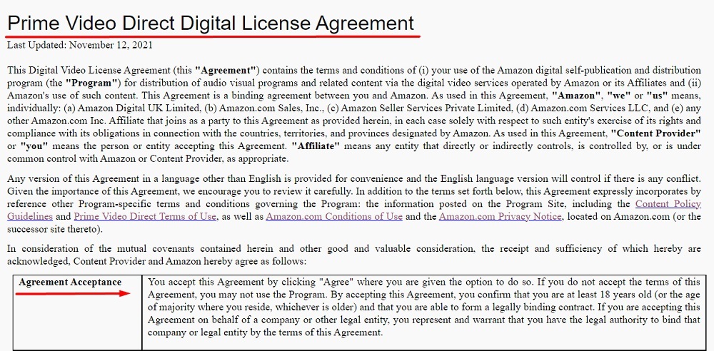 Prime Video Direct Digital License Agreement excerpt