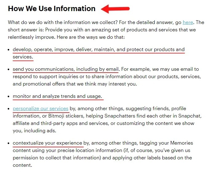 Snap Privacy Policy: How We use Information clause - annotated