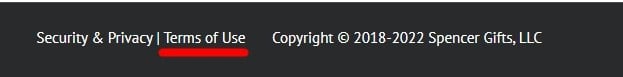 Spencers website footer with Terms of Use link highlighted