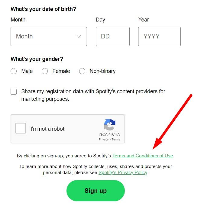 Spotify sign-up form with Terms and Conditions of Use link highlighted