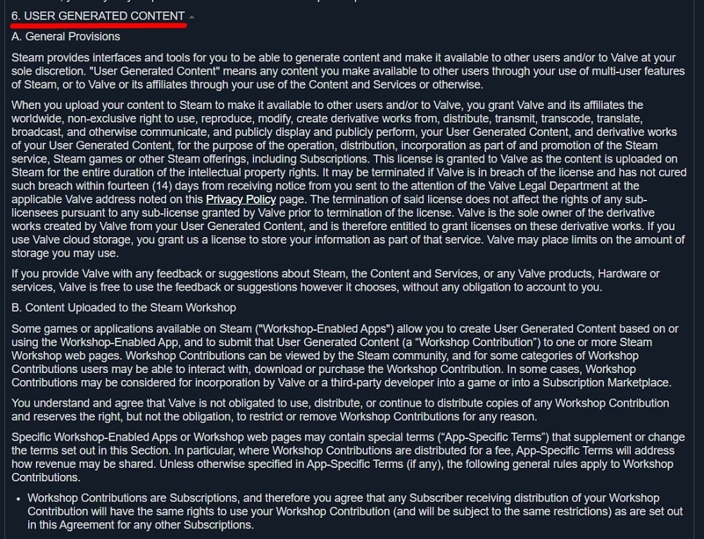 Steam Subscriber Agreement: User Generated Content clause