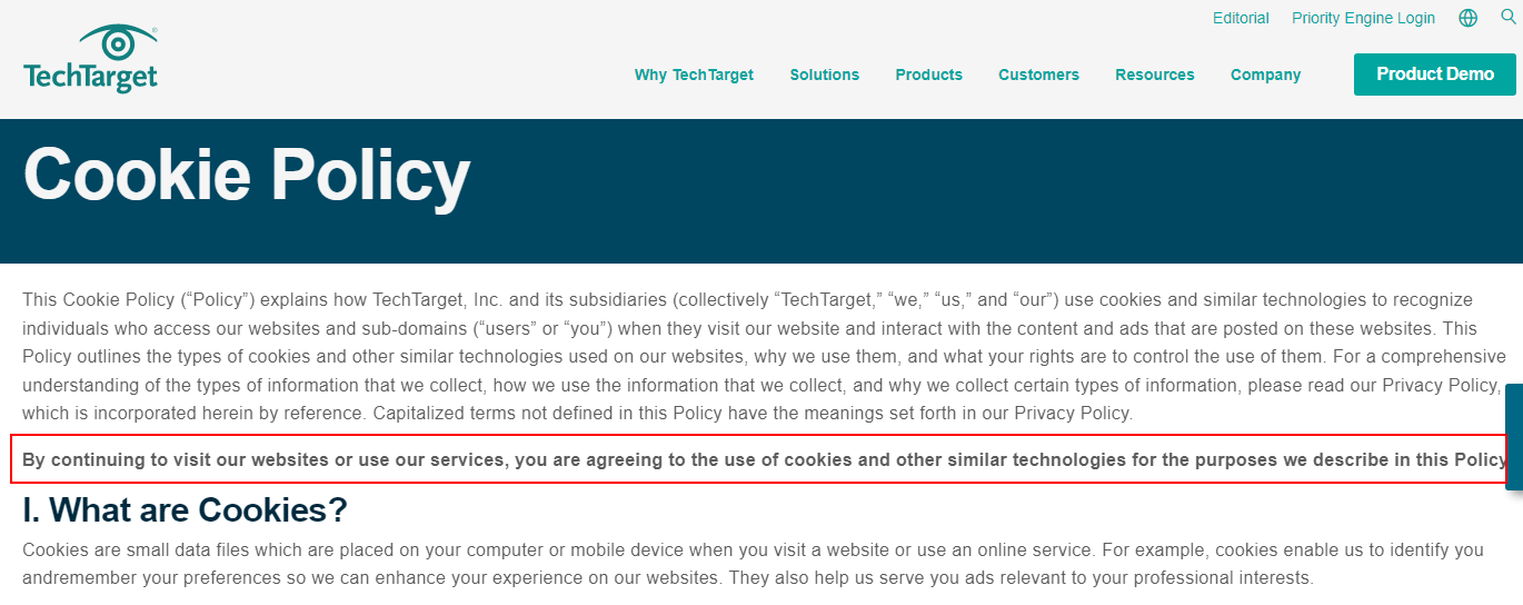 TechTarget Cookie Policy: Intro clause with browsewrap section highlighted