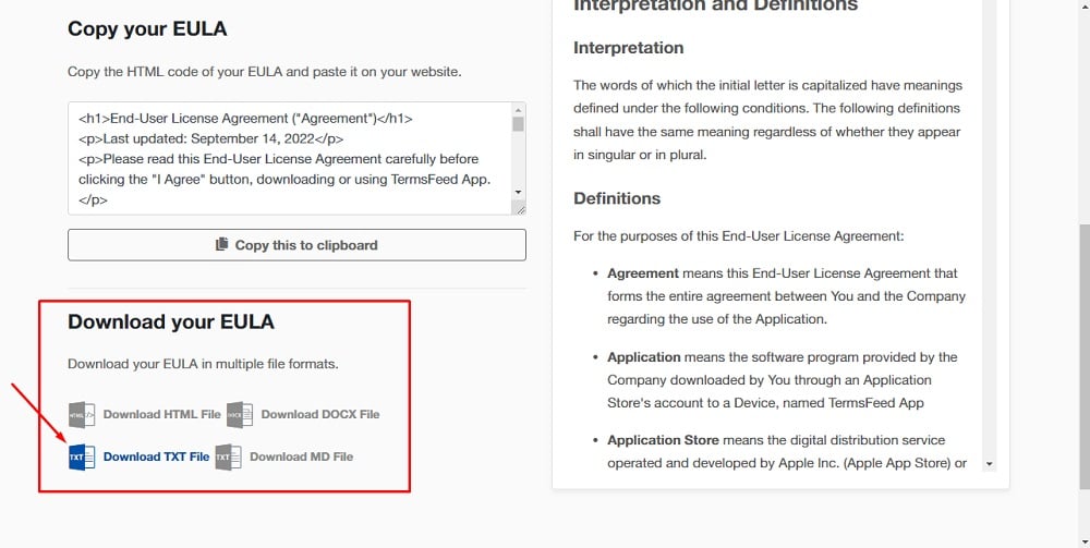 TermsFeed App: EULA Download page - Download your EULA - TXT file highlighted