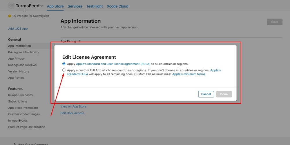 TermsFeed Apple App Store Connect: Edit License Agreement dialog box highlighted