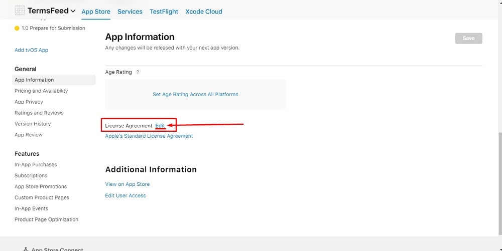 TermsFeed Apple App Store Connect: App Information with License Agreement section and Edit option highlighted