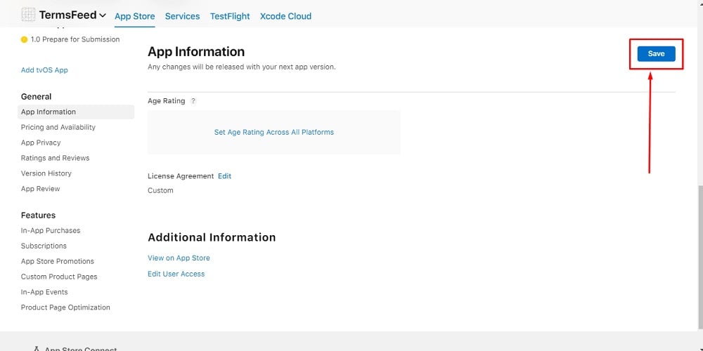 TermsFeed Apple App Store Connect: App Informations - Save button highlighted
