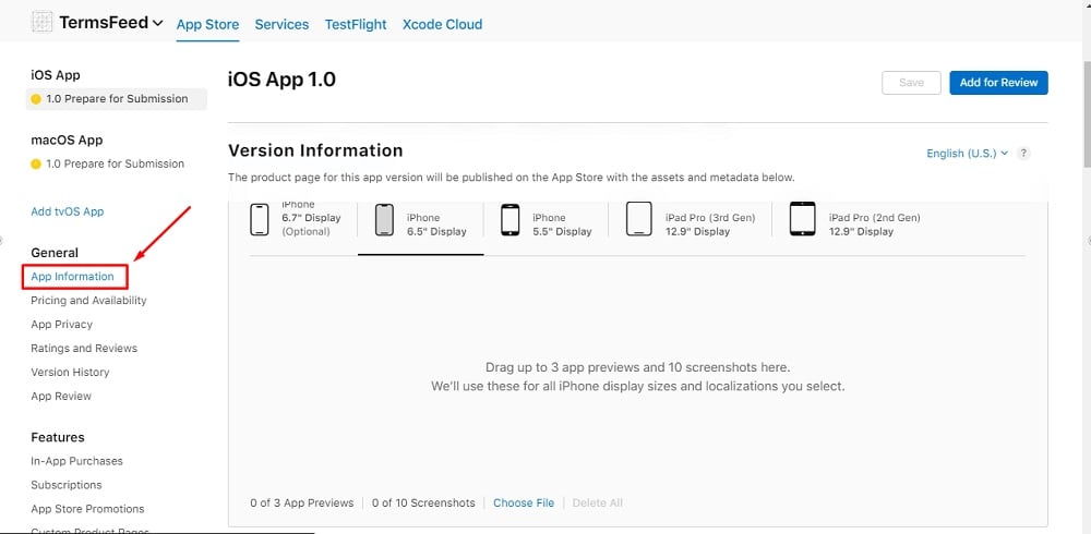 TermsFeed Apple App Store Connect: App menu - Selected App Information under General section