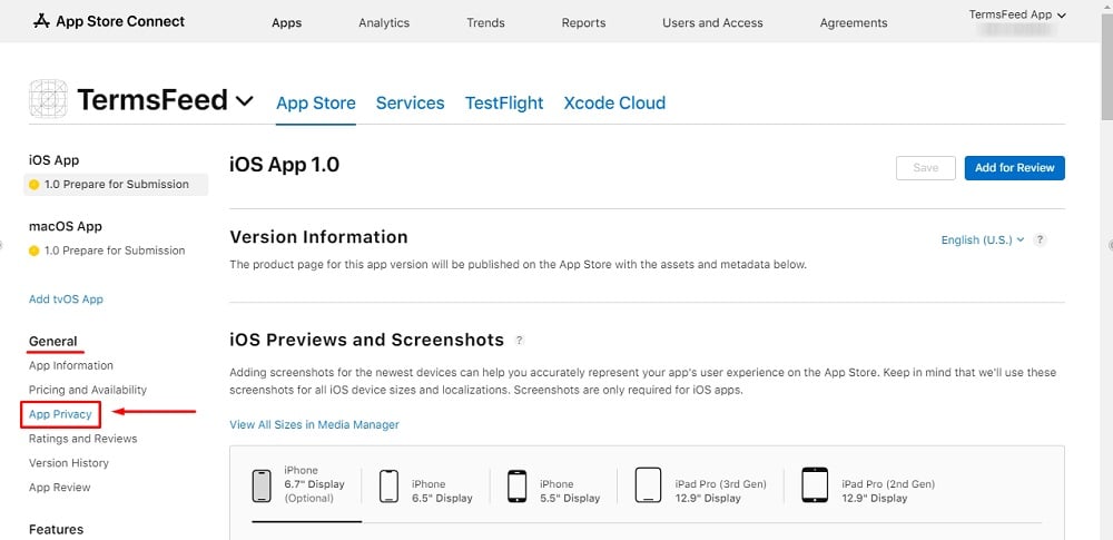 TermsFeed Apple App Store Connect: App menu - Selected App Privacy under General