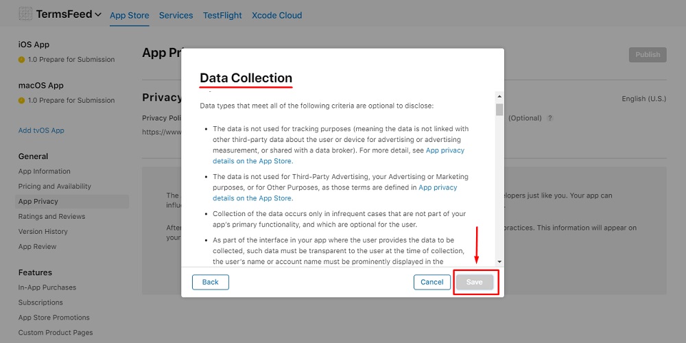 TermsFeed Apple App Store Connect: App Privacy Details Label - Dialog window about Data Collection and Save button highlighted