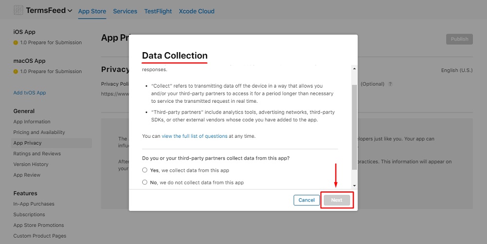 TermsFeed Apple App Store Connect: App Privacy Details Labels - Dialog window about Data Collection and Next button highlighted