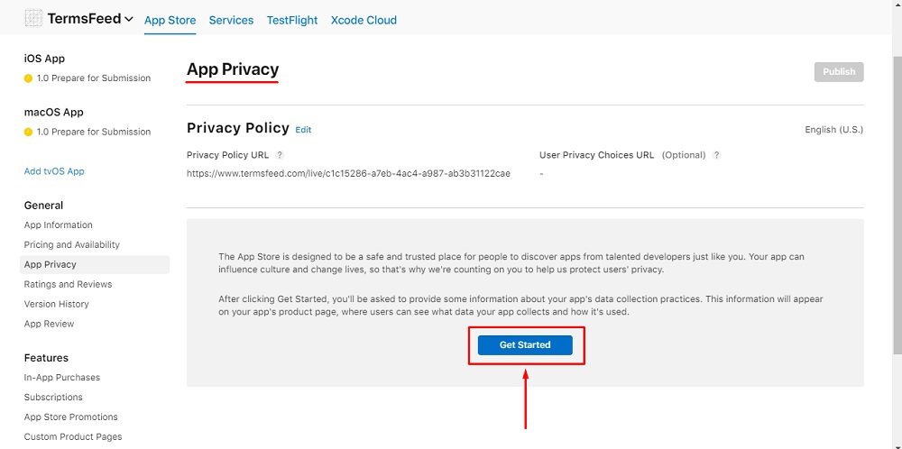 TermsFeed Apple App Store Connect: App Privacy Details Labels with Get Started button highlighted