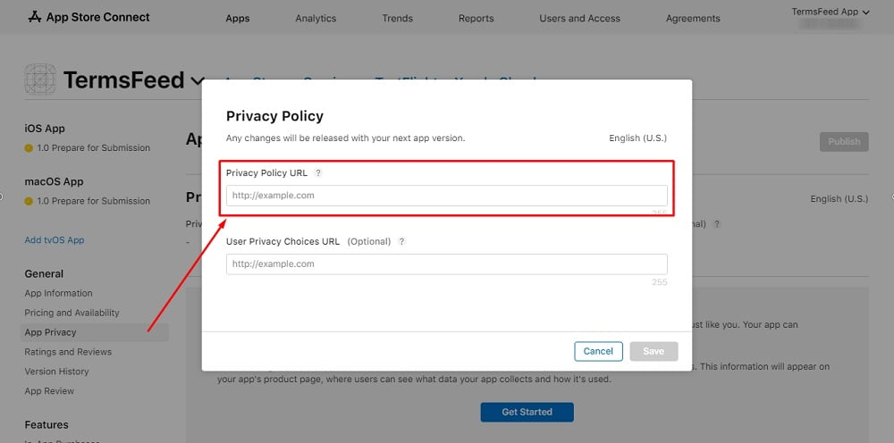 TermsFeed Apple App Store Connect: App menu - Open Edit window with empty field for adding a Privacy Policy URL highlighted
