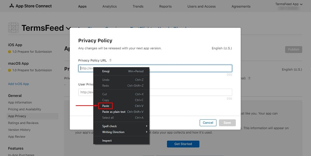 TermsFeed Apple App Store Connect: App menu - Open Edit window with empty field for adding a Privacy Policy URL and paste option highlighted