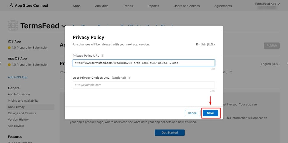 TermsFeed Apple App Store Connect: App menu - Open Edit window with empty field for adding a Privacy Policy URL and Save button highlighted