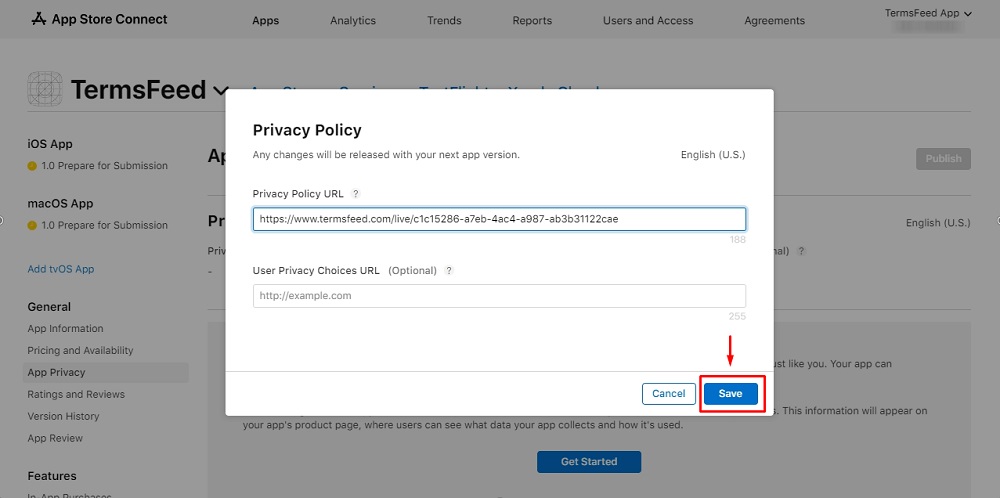 TermsFeed Apple App Store Connect: App menu - Open Edit window with empty field for adding a Privacy Policy URL and Save button highlighted