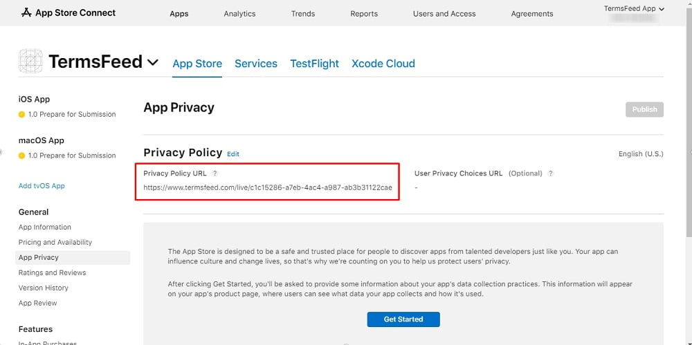 TermsFeed Apple App Store Connect: App menu - App Privacy - Privacy Policy with added URL highlighted