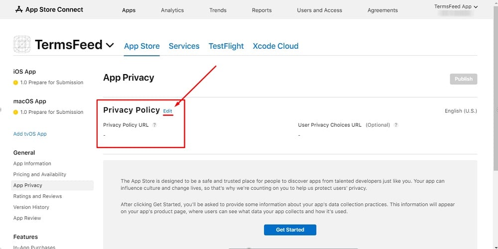 TermsFeed Apple App Store Connect: App menu - App Privacy - Privacy Policy with empty field for adding URL and  Edit option highlighted