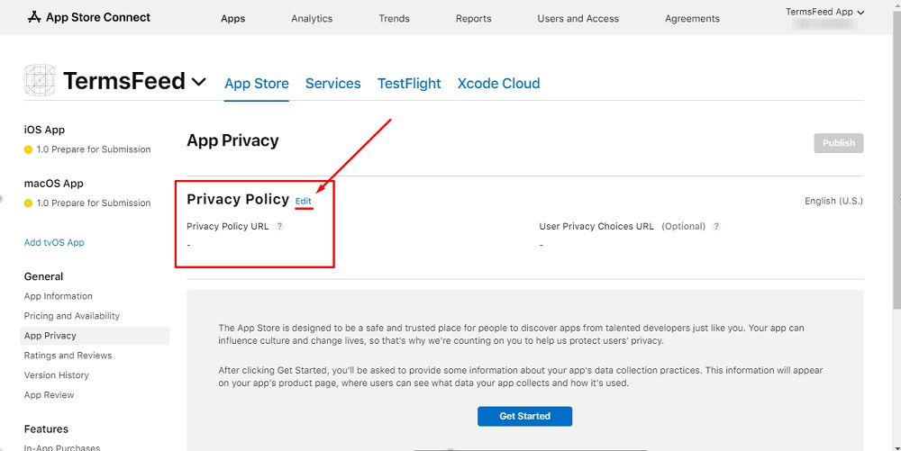 TermsFeed Apple App Store Connect: App menu - App Privacy - Privacy Policy with empty field for adding URL and  Edit option highlighted