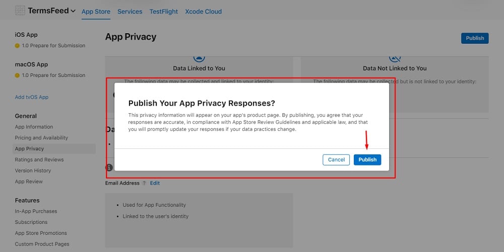 TermsFeed Apple App Store Connect: App Privacy Details Labels - Publish dialog box with Publish button highlighted box highlighted