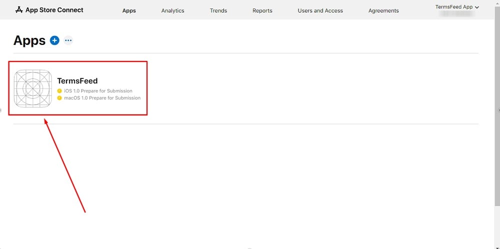 TermsFeed Apple App Store Connect: Dashboard - Apps - TermsFeed app selected