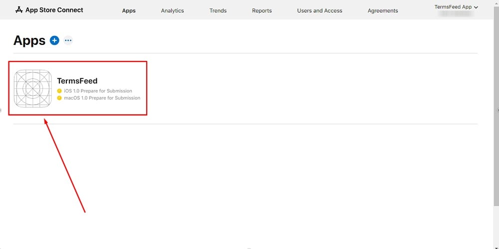 TermsFeed Apple App Store Connect: Dashboard - Apps - TermsFeed app selected