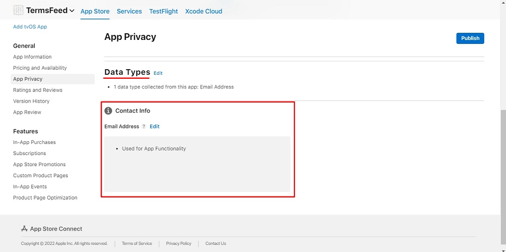 TermsFeed Apple App Store Connect: App Privacy Details Labels - Data types - Contact Info with Email Address Summary box highlighted