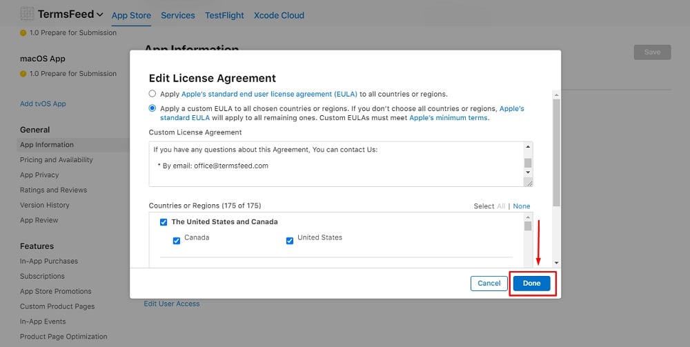 TermsFeed Apple App Store Connect: Edit License Agreement dialog box with added Custom License Agreement and Done button highlighted