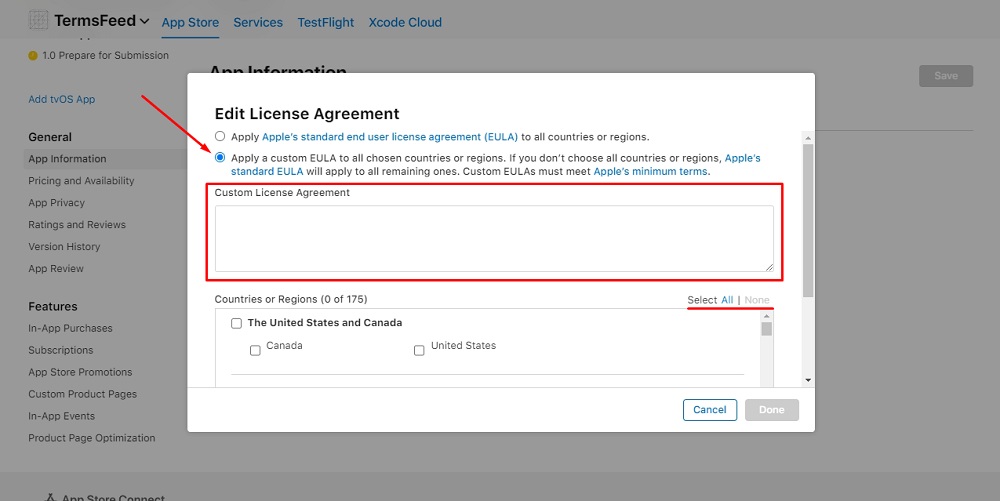 TermsFeed Apple App Store Connect: Edit License Agreement dialog box with empty field for adding Custom License Agreement and Select countries highlighted