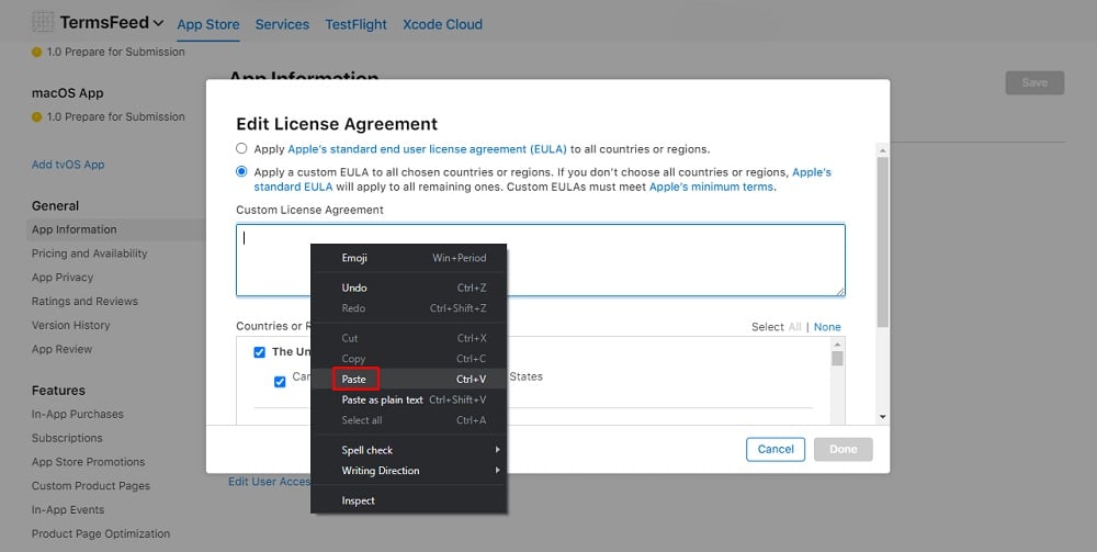 TermsFeed Apple App Store Connect: Edit License Agreement dialog box for adding Custom License Agreement and Paste option highlighted