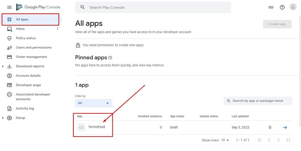 TermsFeed Google Play Console: All apps: TermsFeed app selected