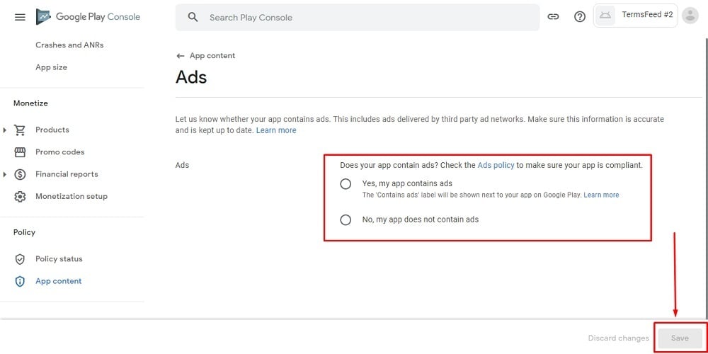 TermsFeed Google Play Console: App content - Ads question with Save button highlighted