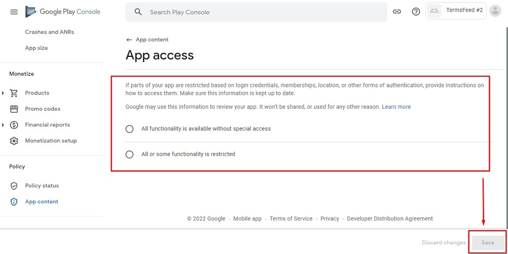 TermsFeed Google Play Console: App content - App access question with Save button highlighted