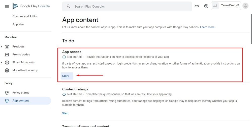 TermsFeed Google Play Console: App content - App access with Start button highlighted