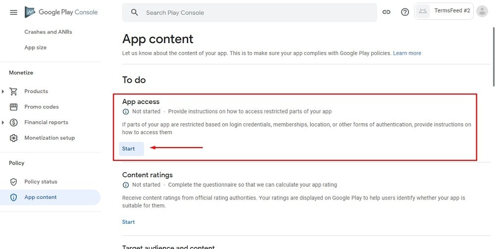 TermsFeed Google Play Console: App content - App access with Start button highlighted