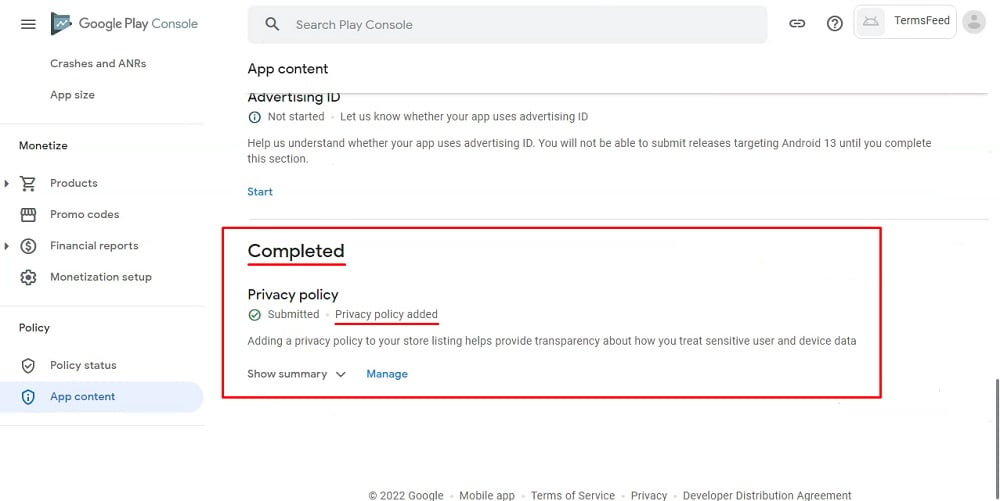 TermsFeed Google Play Console: App content - Privacy Policy URL added in completed section highlighted