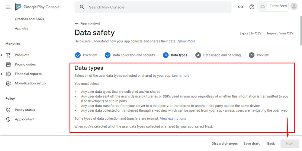TermsFeed Google Play Console: App content - Data Safety - Step 3 - Data types with Next button highlighted