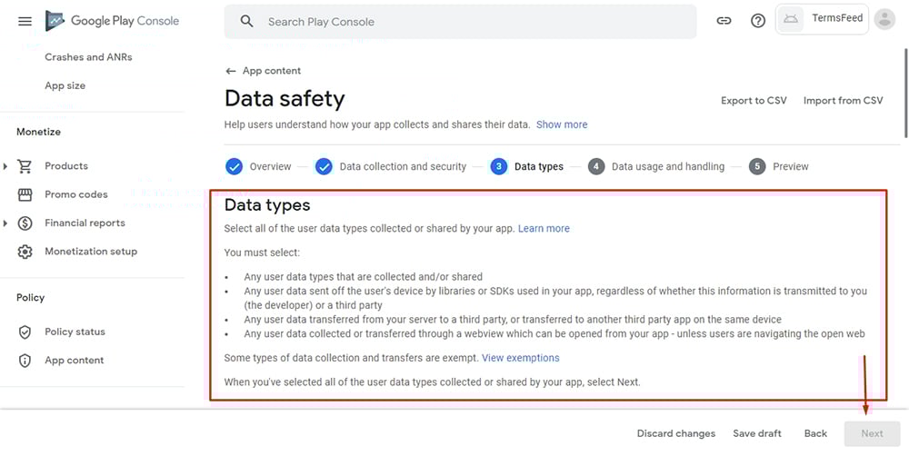 TermsFeed Google Play Console: App content - Data Safety - Step 3 - Data types with Next button highlighted