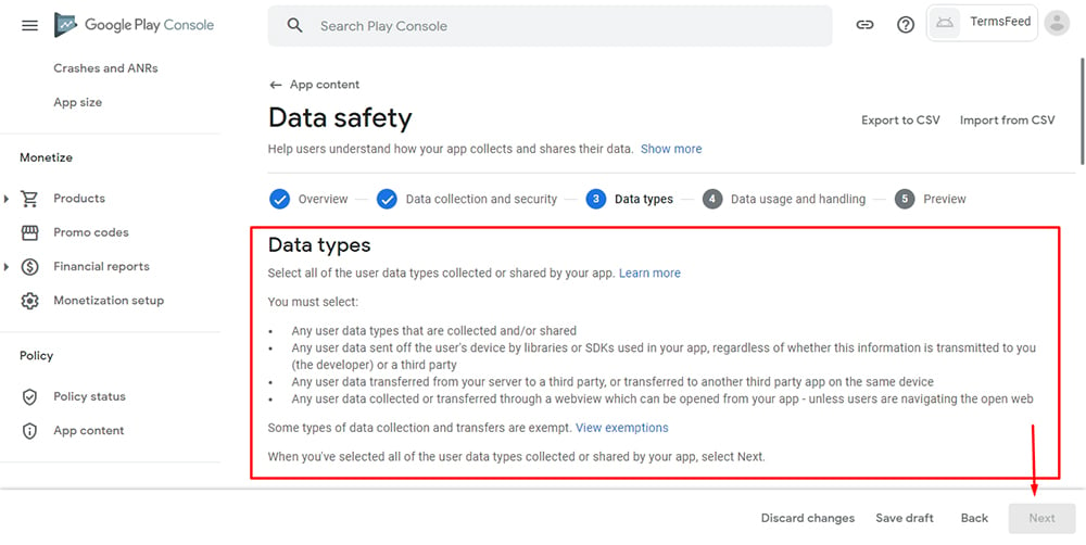 TermsFeed Google Play Console: App content - Data Safety - Step 3 - Data types with Next button highlighted