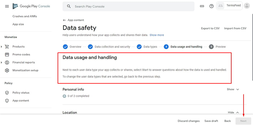 TermsFeed Google Play Console: App content - Data Safety - Step 4 - Data usage and handling with Next button highlighted