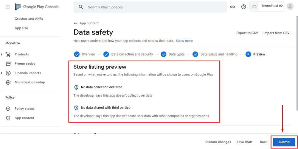 TermsFeed Google Play Console: App content - Data Safety - step 5 - Preview highlighted