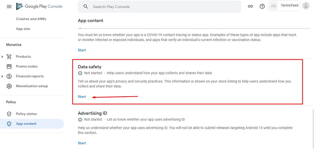 TermsFeed Google Play Console: App content - Data Safety with Start button  highlighted