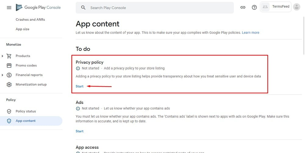 TermsFeed Google Play Console: App content - Privacy Policy with Start button  highlighted