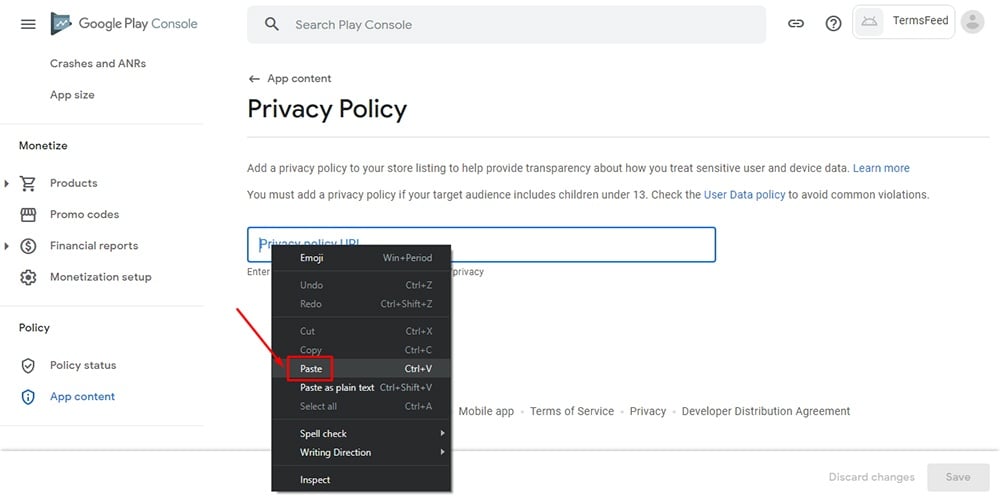 TermsFeed Google Play Console: App content - Privacy Policy URL with paste option button highlighted