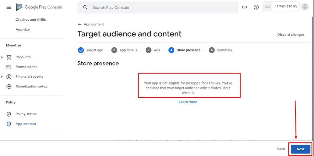 TermsFeed Google Play Console: App content - Targeted audience and content - Step 4 Store presence with Next button highlighted