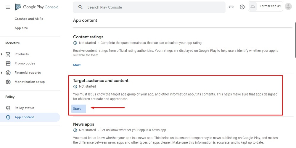 TermsFeed Google Play Console: App content - Targeted audience and content with Start button highlighted