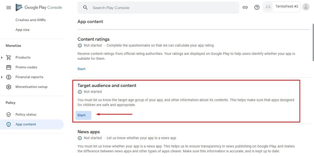 TermsFeed Google Play Console: App content - Targeted audience and content with Start button highlighted