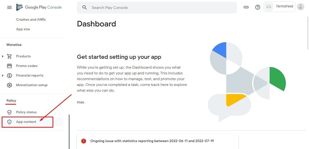 TermsFeed Google Play Console: Dashboard - App content highlighted