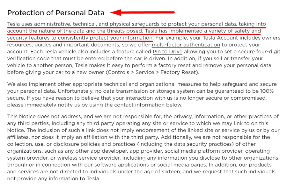 Tesla Customer Privacy Notice: Protection of Personal data clause